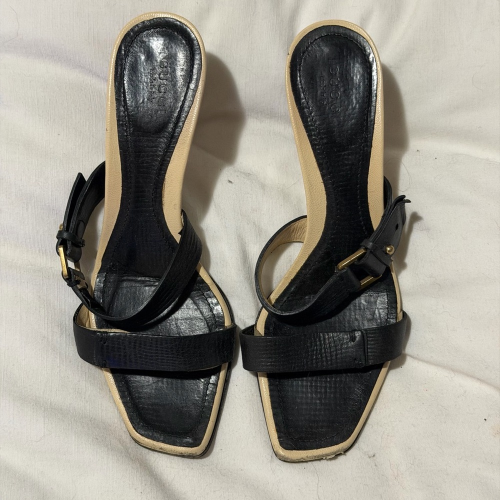 Gucci Black Leather Square-Toe Slide Heels with Ankle Strap